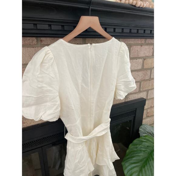 Ever New White Linen Puff Sleeve Tiered Mini Dress Size 4 Tie Waist Romantic - Picture 11 of 11